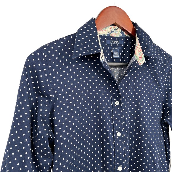 Ralph Lauren Chaps Womens Sz Small Non Iron Navy Blue Paisley Blouse Shirt Top - Picture 3 of 7